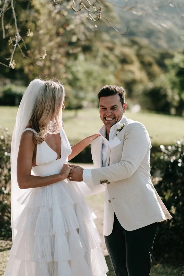 A Line Deep V Neck Sleeveless Tiered Floor Length Long Wedding Gown, Bridal Dress UQW0070
