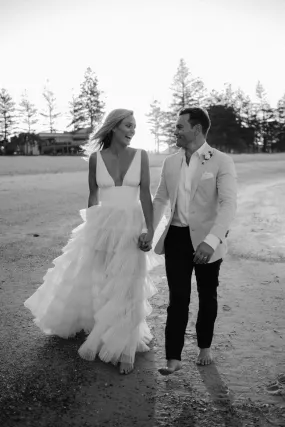A Line Deep V Neck Sleeveless Tiered Floor Length Long Wedding Gown, Bridal Dress UQW0070