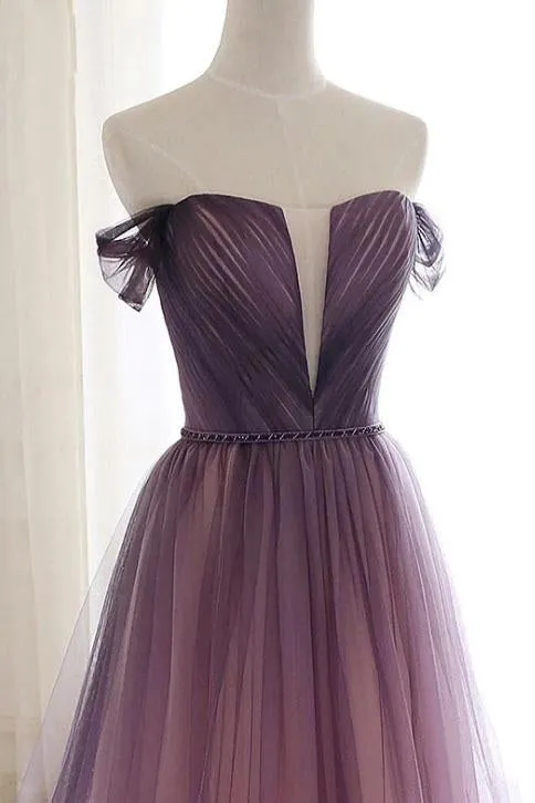 A Line Off the Shoulder Ombre Prom Dresses with Belt, Purple Gradient Long Tulle Formal Dress UQ2436