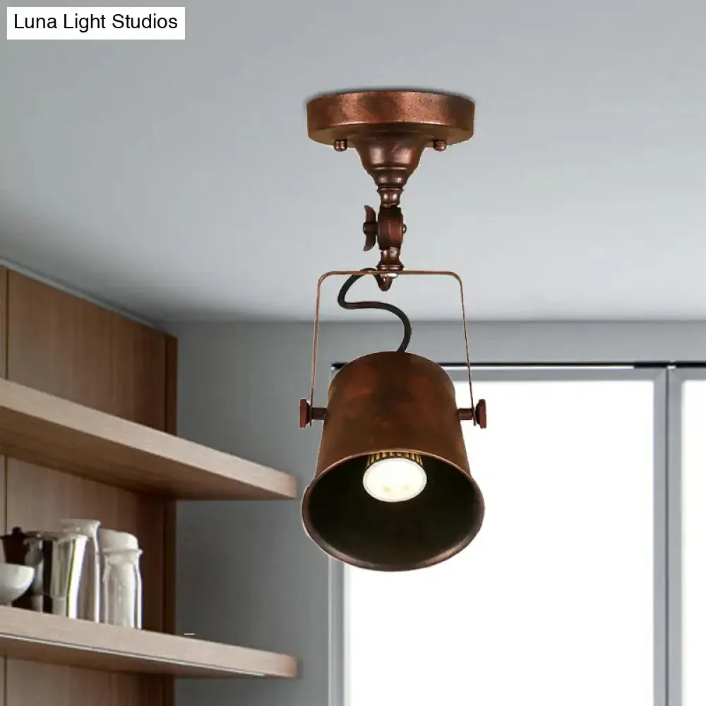 Antique Metal Bucket Shade Ceiling Lamp - Rotatable Semi Flush Pendant Light for Living Rooms - 1 Bulb, Black/Rust
