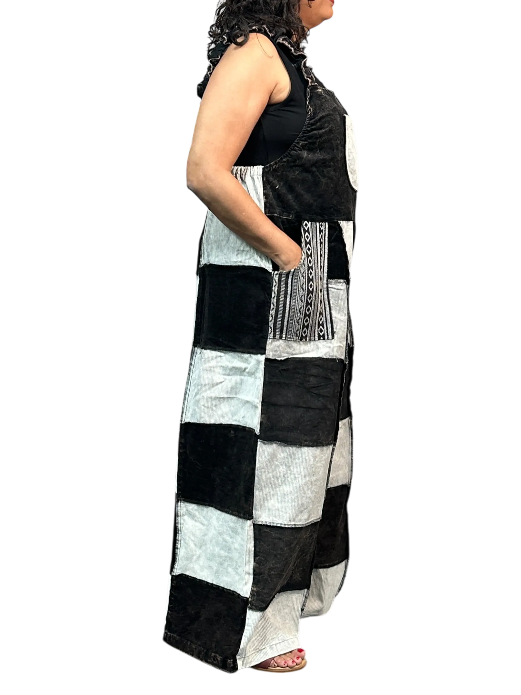 Black and White Corduroy Patchwork Overalls