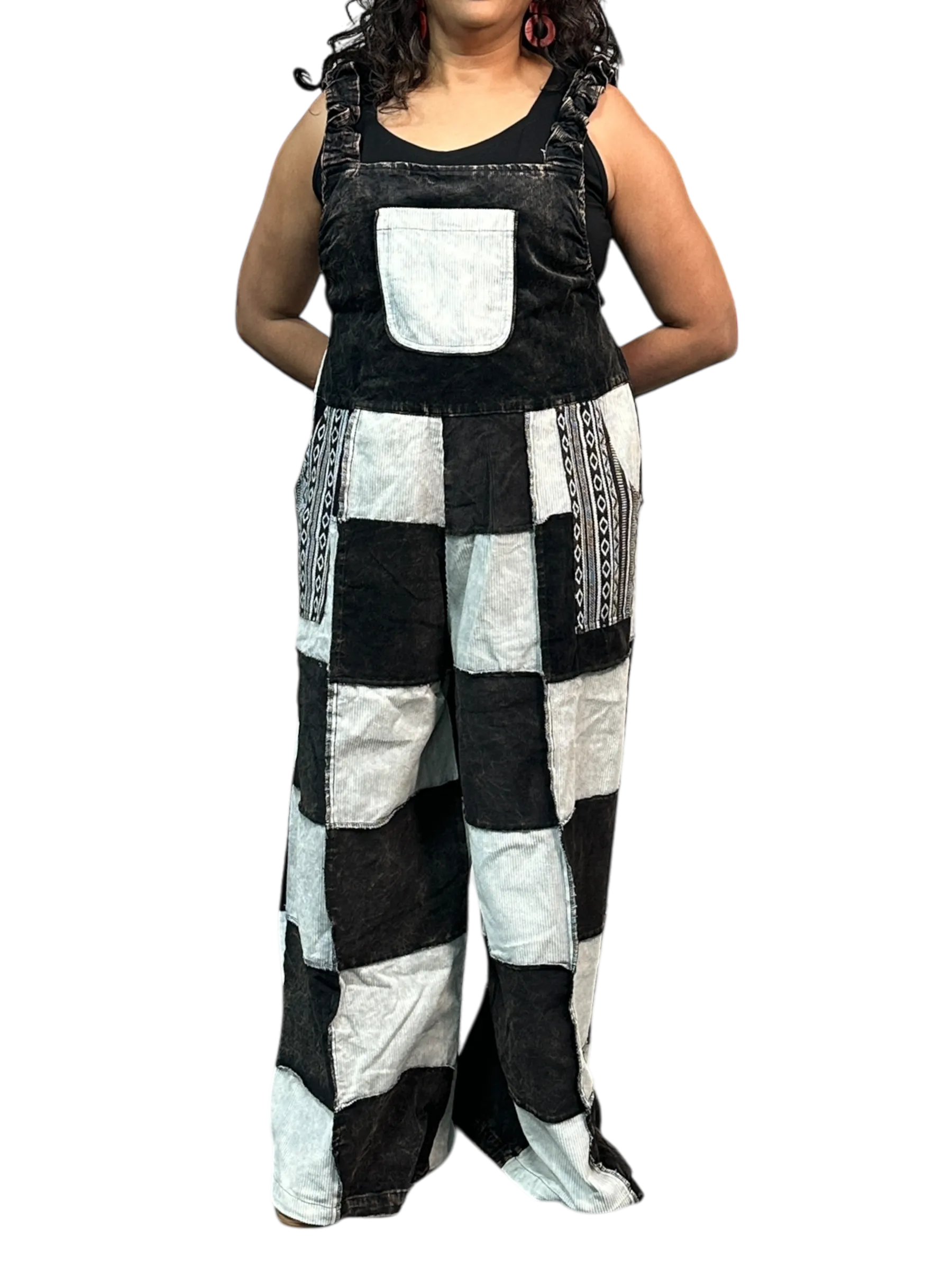Black and White Corduroy Patchwork Overalls