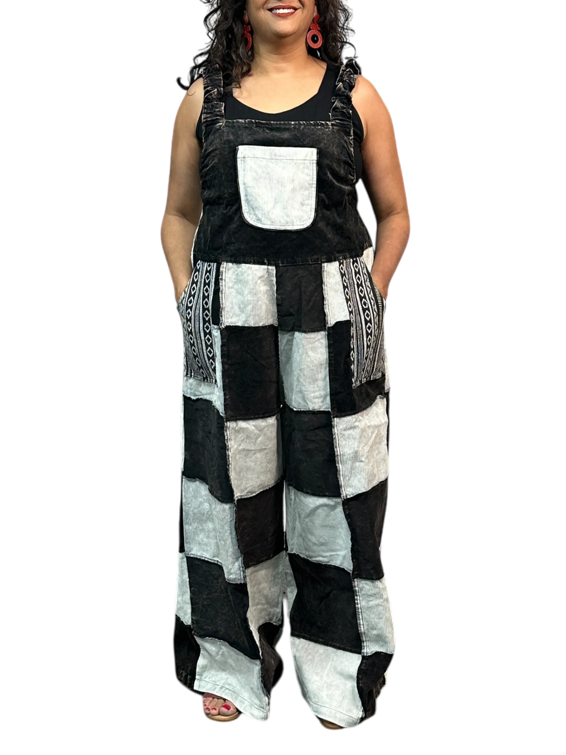 Black and White Corduroy Patchwork Overalls