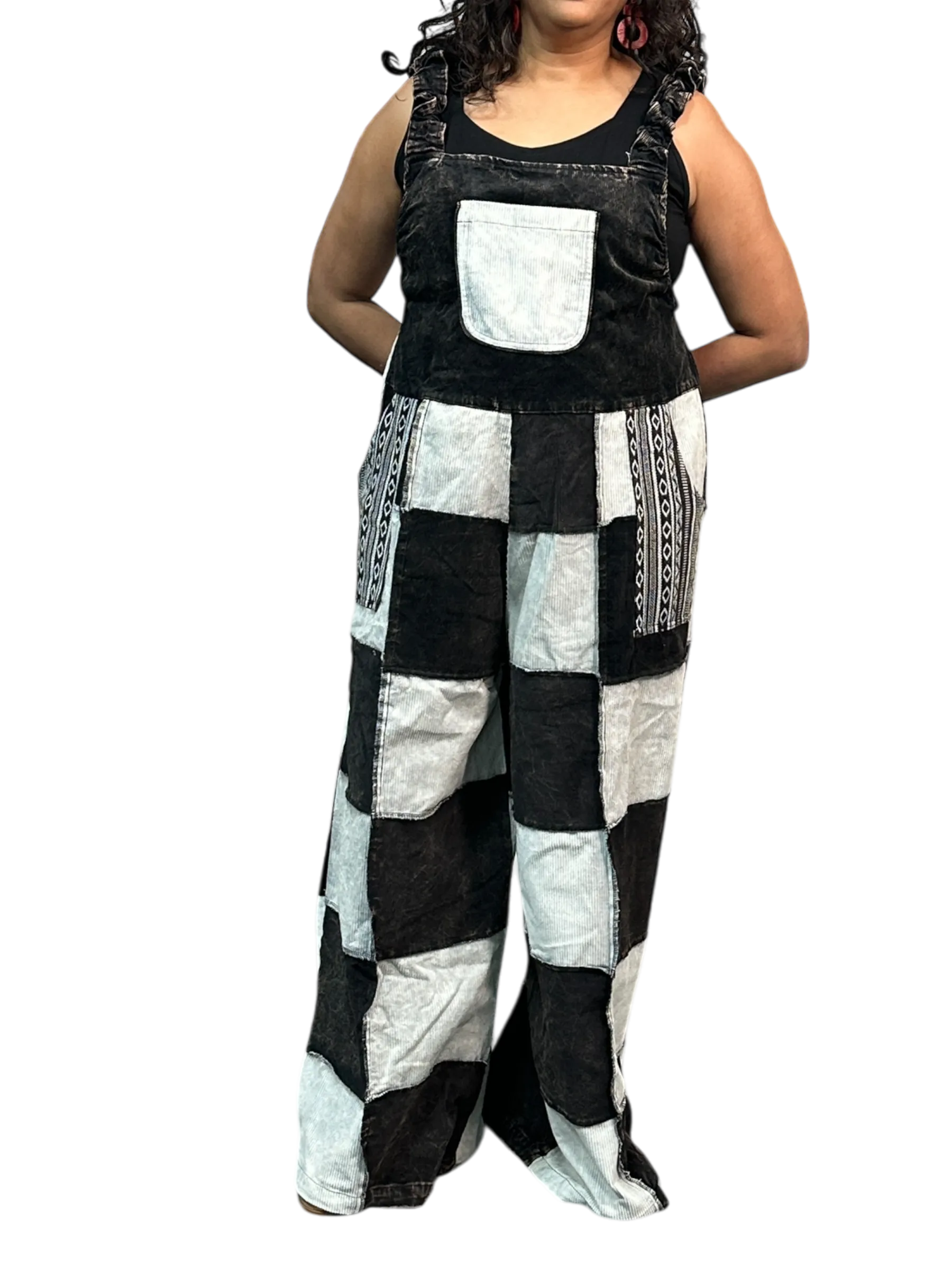 Black and White Corduroy Patchwork Overalls