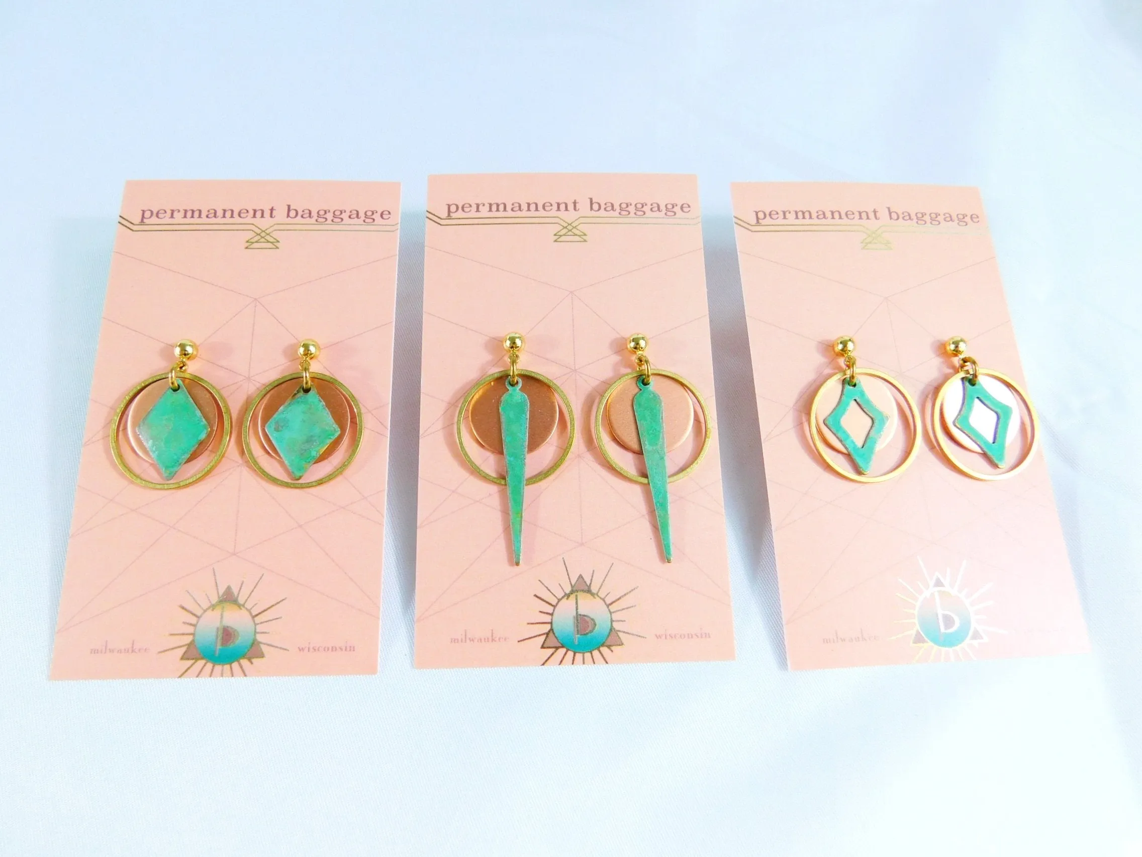 Brass & Copper Patina Earrings - Small/Short Assortment With Copper Disk