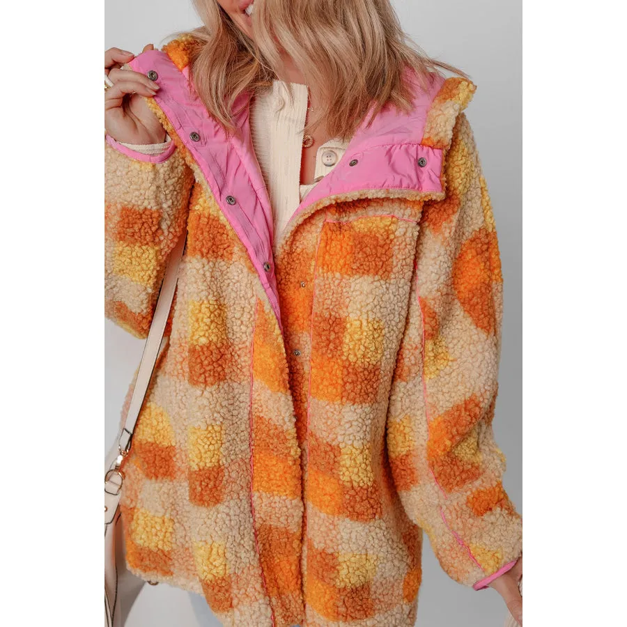 Checkered Long Sleeve Sherpa Hooded Jacket