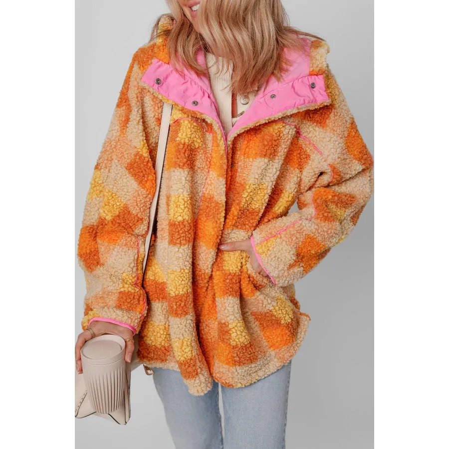Checkered Long Sleeve Sherpa Hooded Jacket