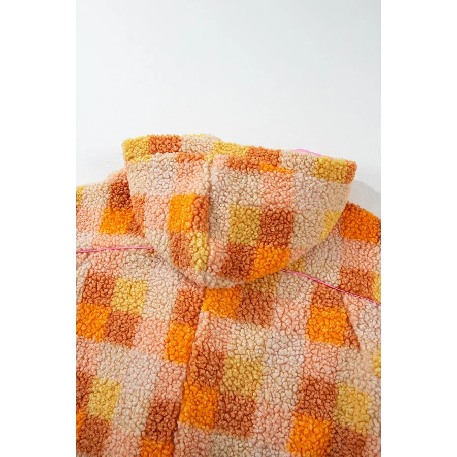 Checkered Long Sleeve Sherpa Hooded Jacket
