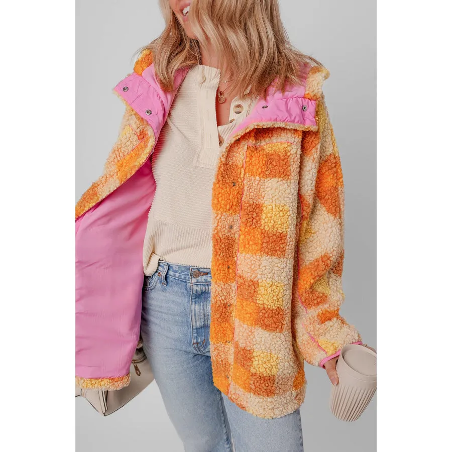 Checkered Long Sleeve Sherpa Hooded Jacket