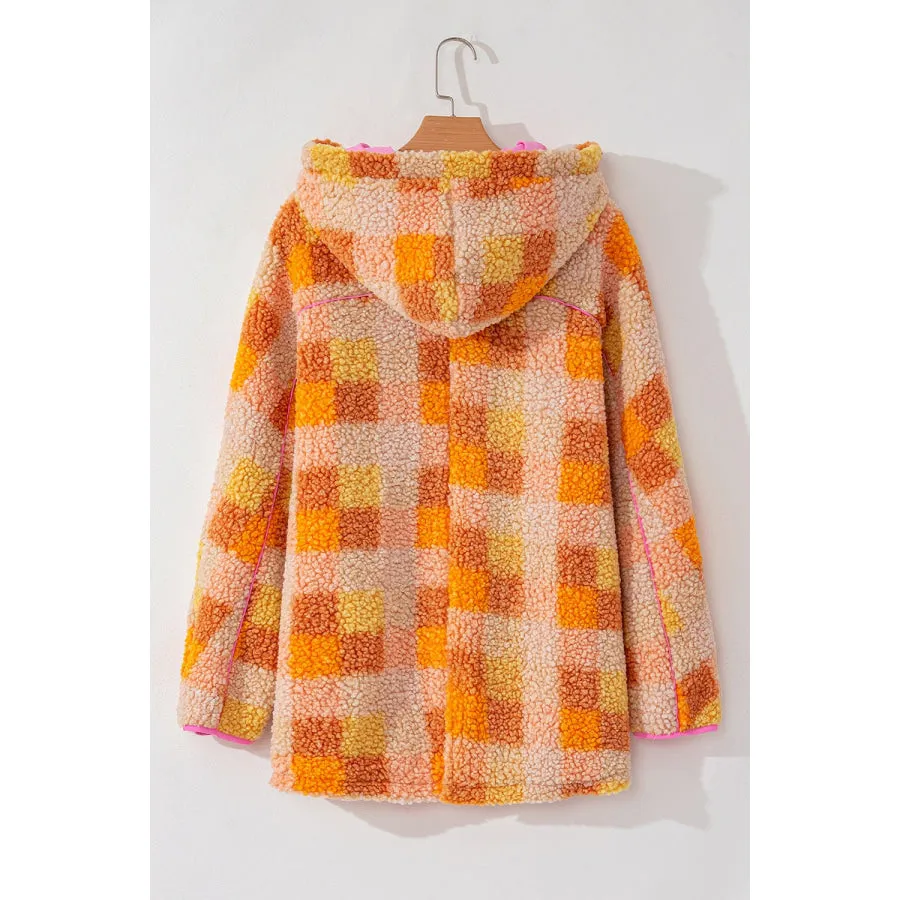 Checkered Long Sleeve Sherpa Hooded Jacket