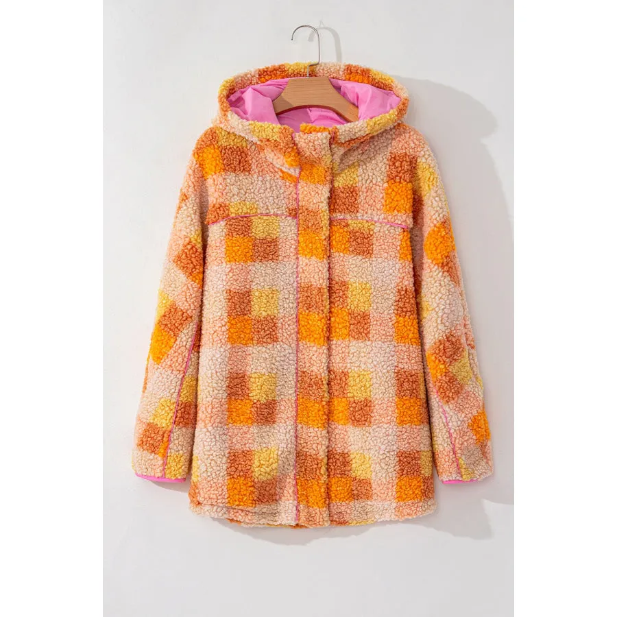 Checkered Long Sleeve Sherpa Hooded Jacket