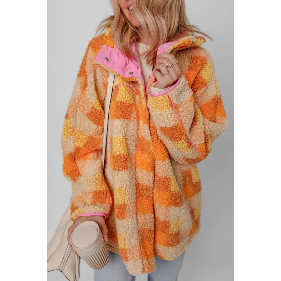 Checkered Long Sleeve Sherpa Hooded Jacket