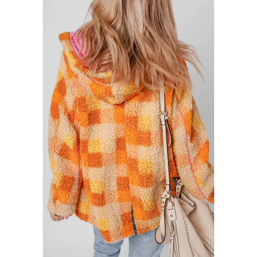 Checkered Long Sleeve Sherpa Hooded Jacket