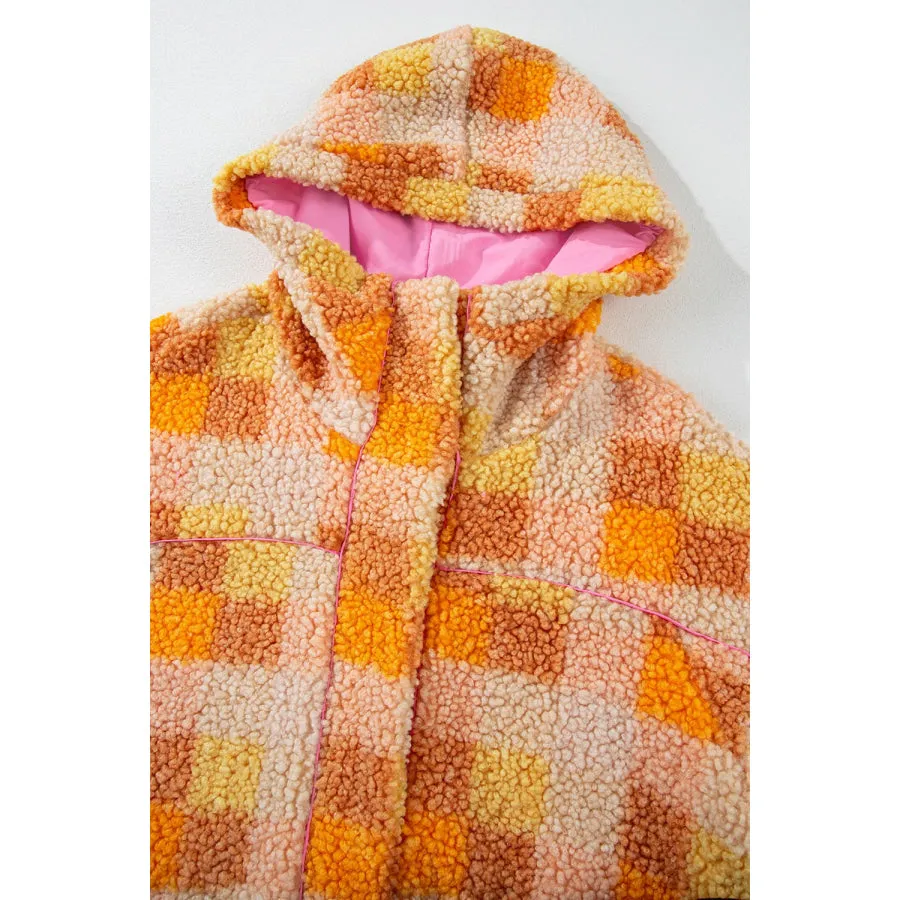 Checkered Long Sleeve Sherpa Hooded Jacket