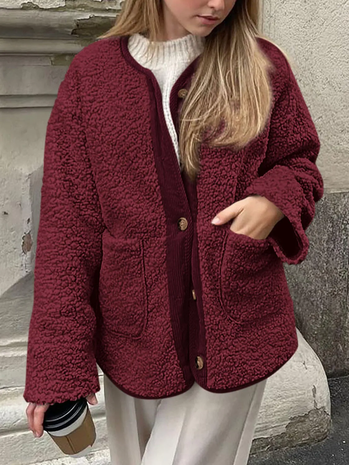 Emily Button Up Sherpa Jacket with Pockets
