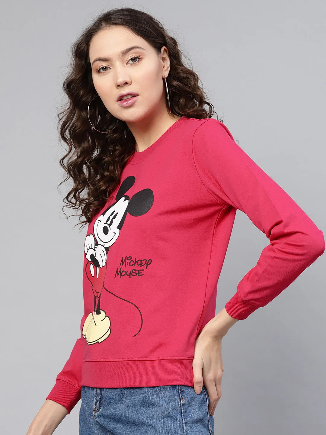 Fuchsia Mickey Mouse Print Sweatshirt