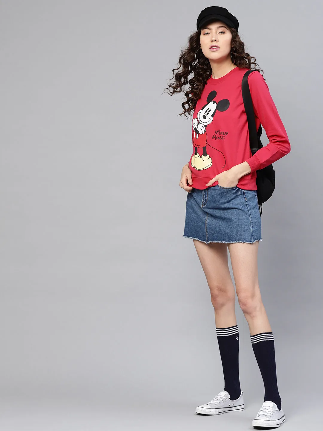 Fuchsia Mickey Mouse Print Sweatshirt
