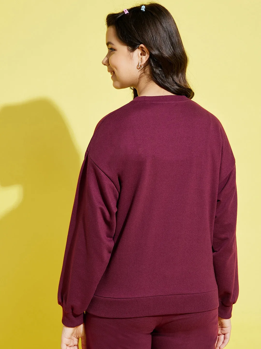 Girls Maroon Terry Butterfly Oversize Sweatshirt