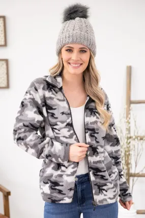 Grey Camouflage Full Zip Sherpa Jacket