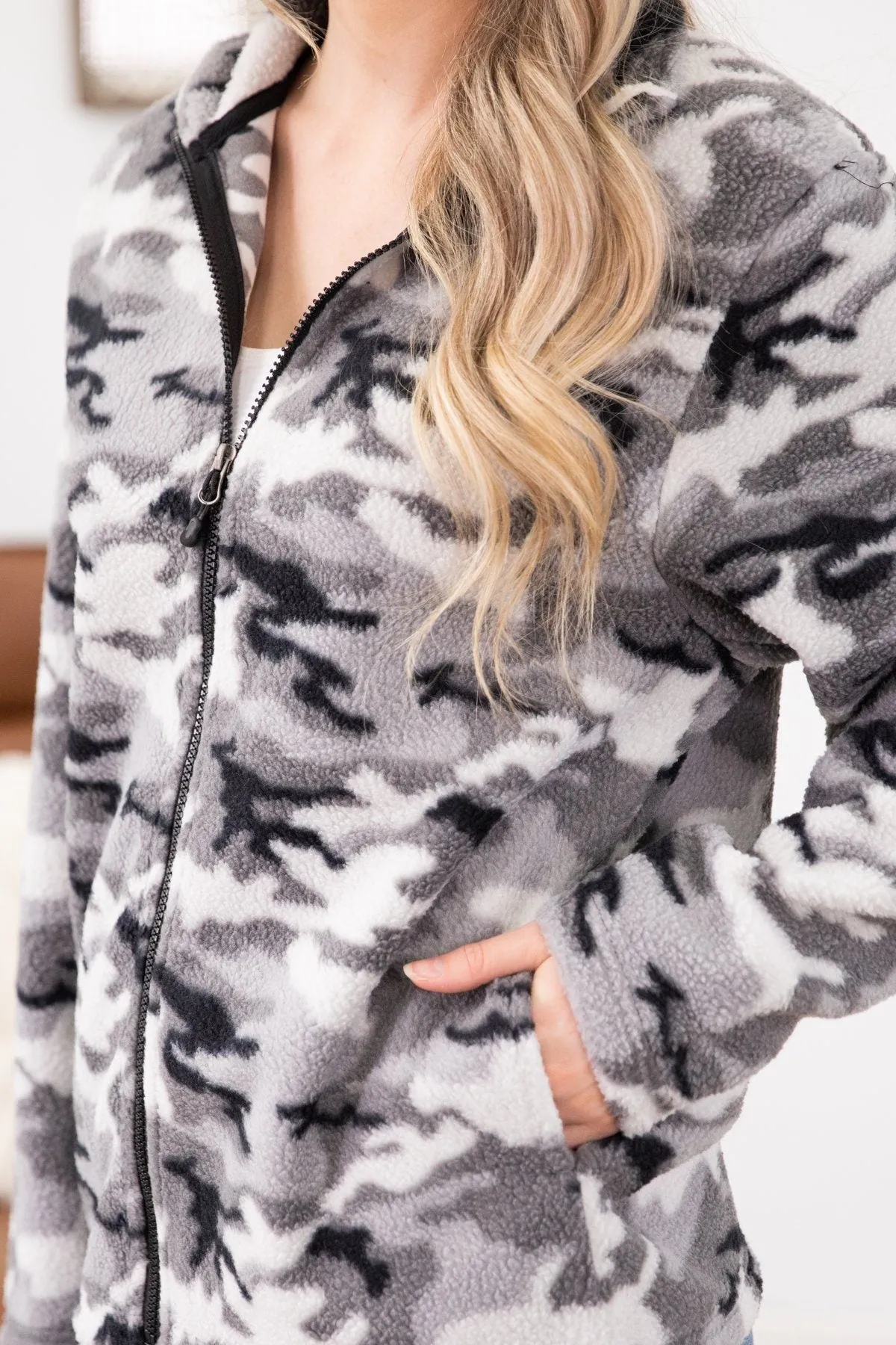 Grey Camouflage Full Zip Sherpa Jacket