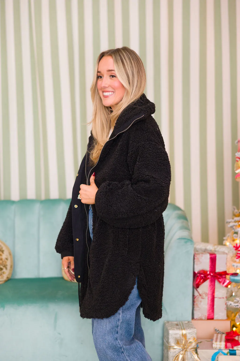 Knox Drawstring Sherpa Jacket | Black