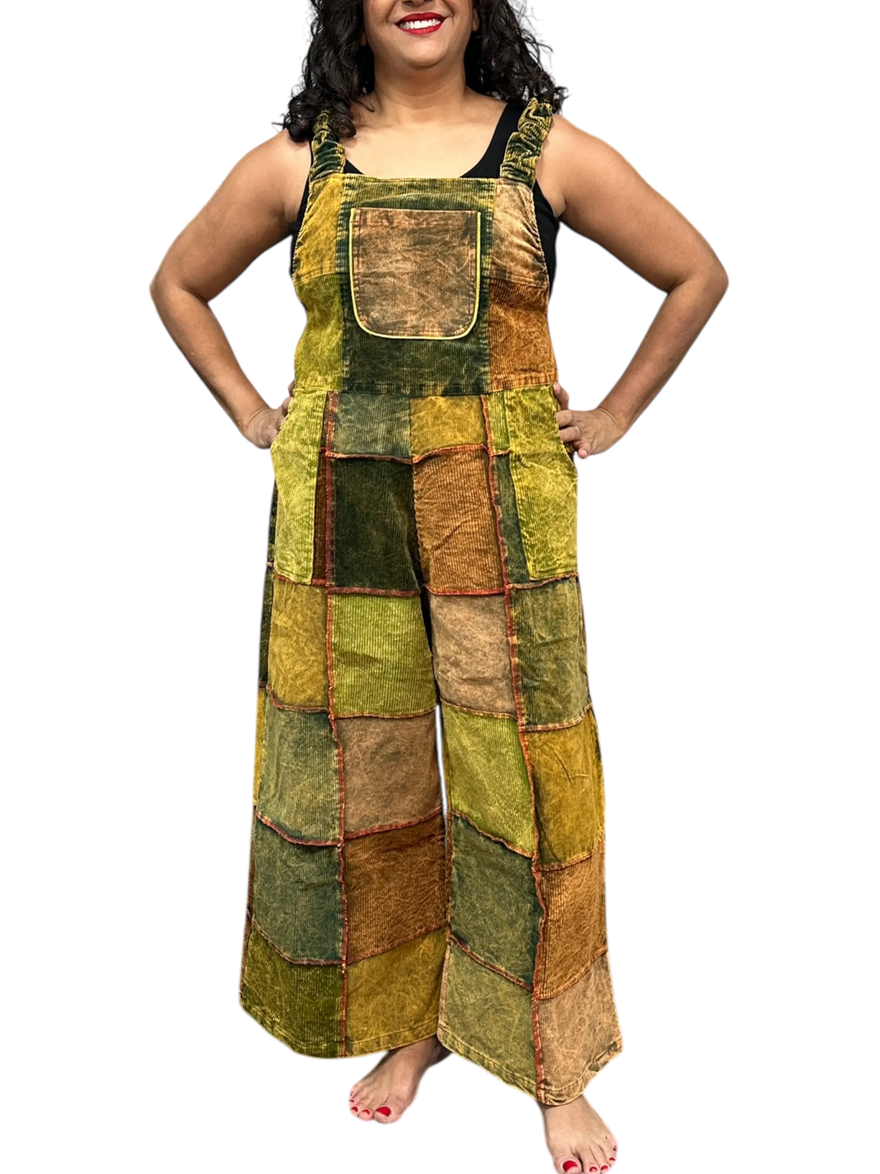 Mostly Green Corduroy Patchwork Overalls