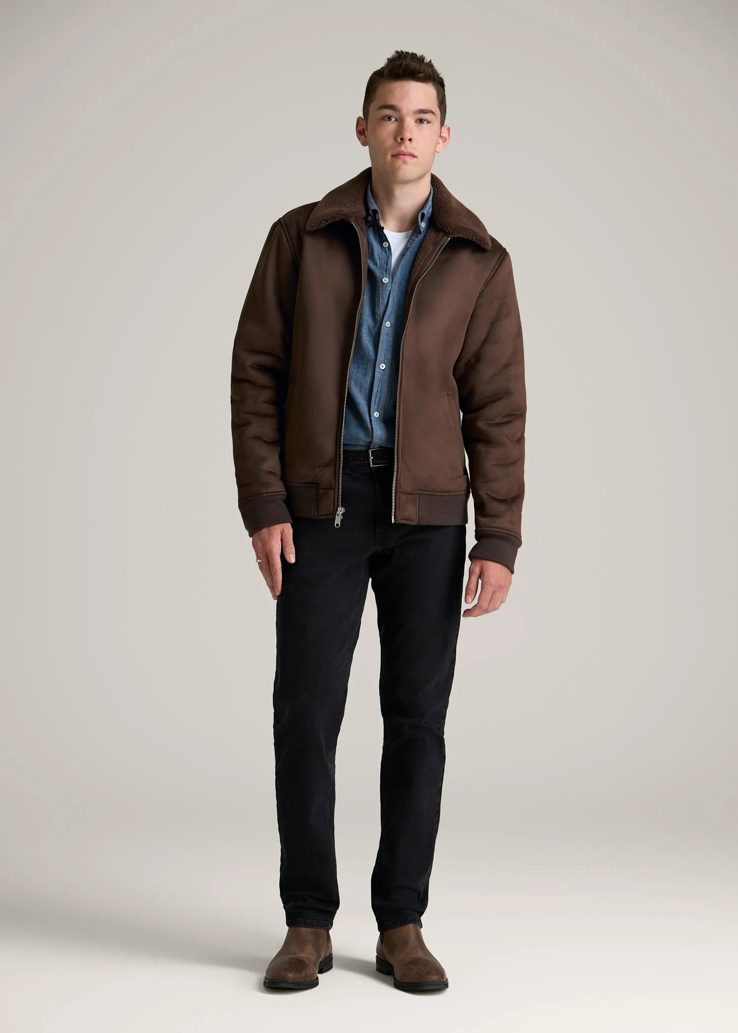 Sherpa Bomber Jacket for Tall Men in Bison Brown