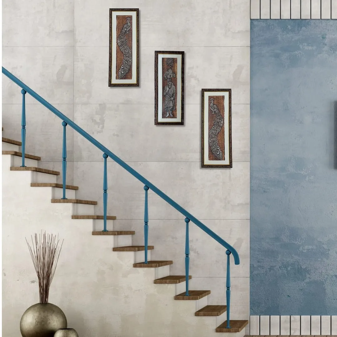 Wall Decor Copper Foil One Pcs Sai Baba and Two Pcs Peacocks Panels with Mounting, Plastic Glass and Synthetic Wood Frame (8.5X21 Inch, 3Pcs)