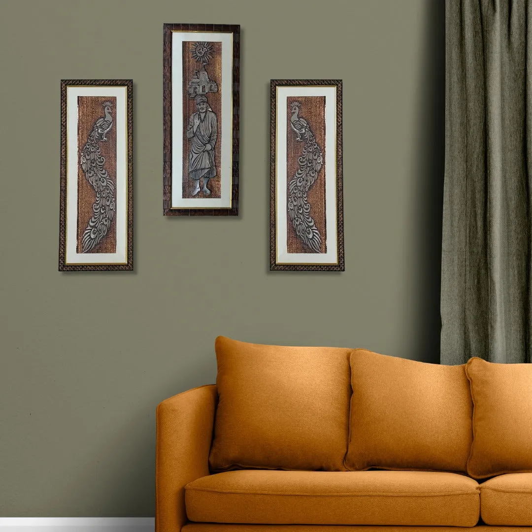 Wall Decor Copper Foil One Pcs Sai Baba and Two Pcs Peacocks Panels with Mounting, Plastic Glass and Synthetic Wood Frame (8.5X21 Inch, 3Pcs)