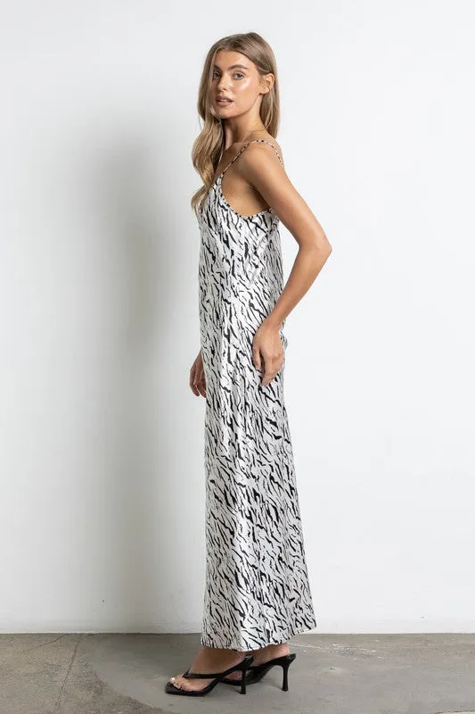 White Animal Print Satin Midi Slip Dress