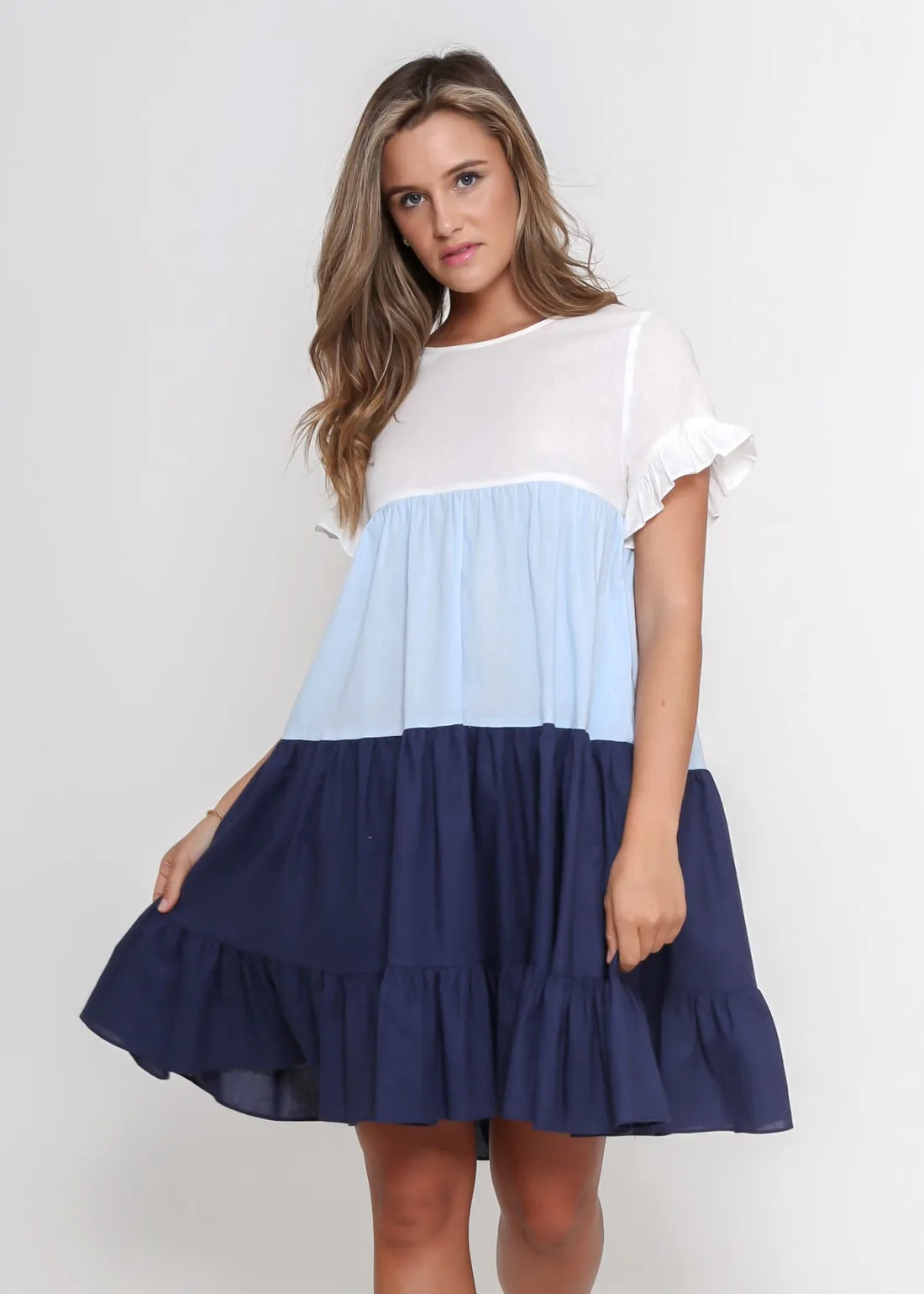 White, Pale Blue and Navy dress.