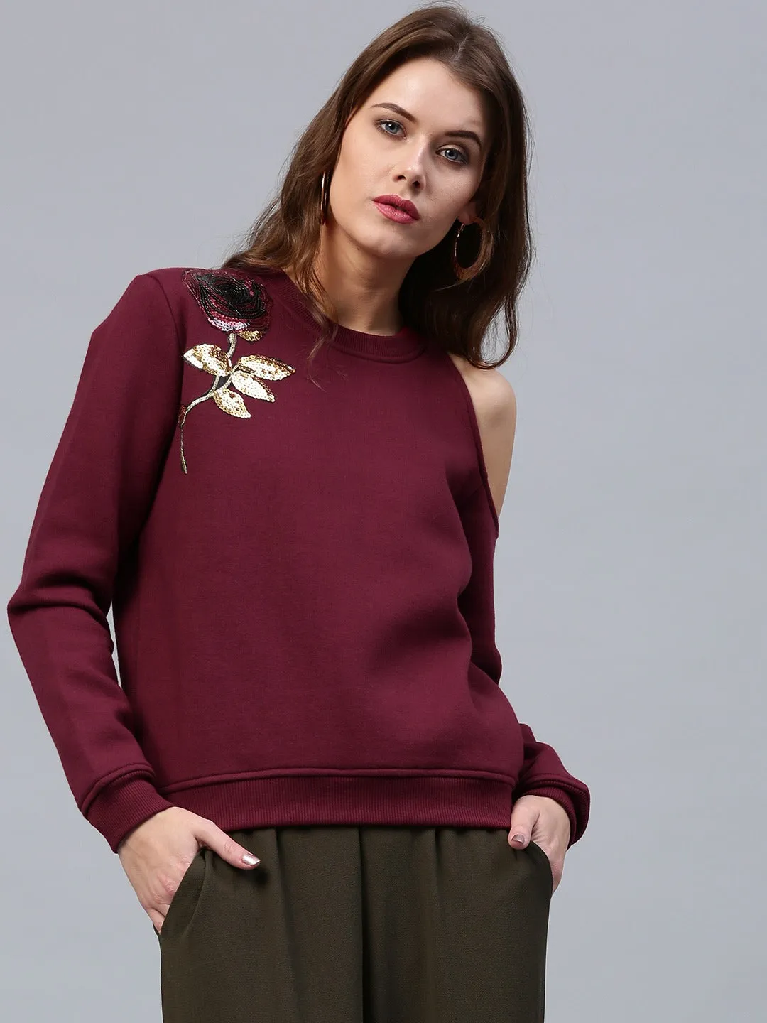 Women One Cold Shoulder Wine Sweatshirt
