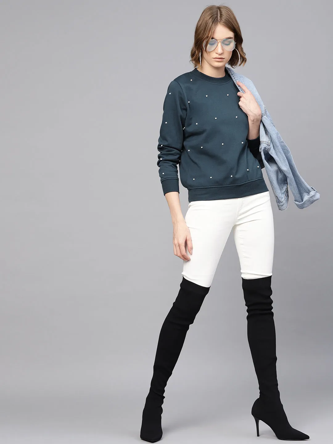 Women Teal Pearl Sweatshirt