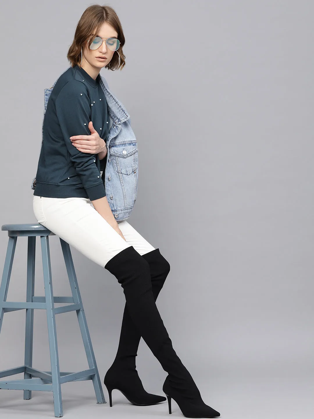 Women Teal Pearl Sweatshirt